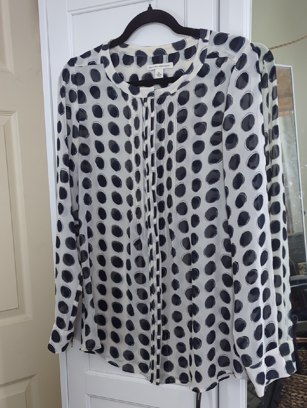 Chic French Polka Dot Button-Down Blouse Semi-Sheer Ruffle Front